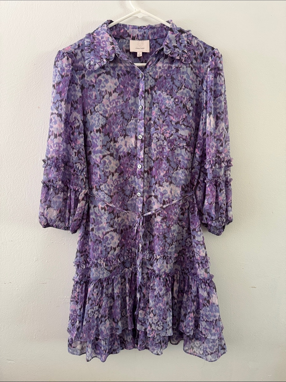 Cinq à Sept Painted Hydrangea Marsea Ruffle Chiffon Shirtdress Sz 2